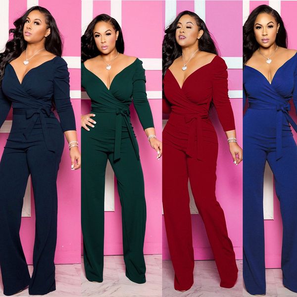 2020 new fashion women jumpsuits party club long sleeve rompers pants belt jumpsuits solid color slim-fit v-neck jumpsuit, Black;white